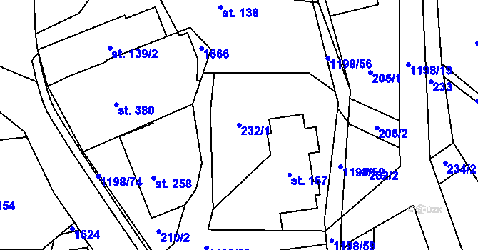 Parcela st. 232/1 v KÚ Mořkov, Katastrální mapa