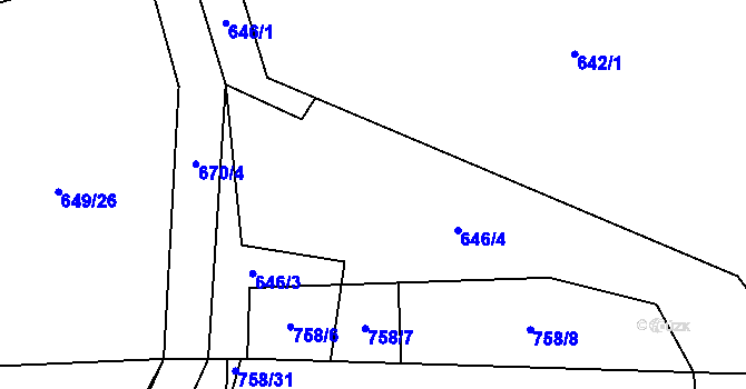 Parcela st. 646 v KÚ Mořkov, Katastrální mapa
