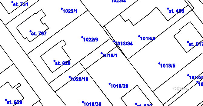 Parcela st. 1018/1 v KÚ Mořkov, Katastrální mapa