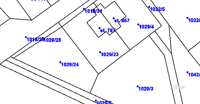 Parcela st. 1029/23 v KÚ Mořkov, Katastrální mapa