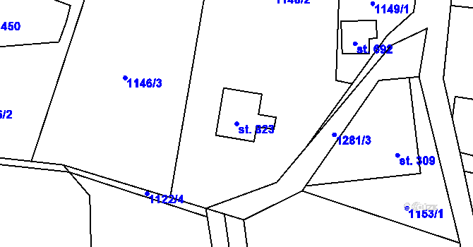 Parcela st. 823 v KÚ Mořkov, Katastrální mapa