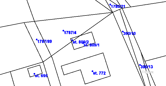 Parcela st. 809/1 v KÚ Mořkov, Katastrální mapa