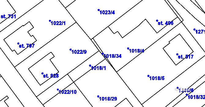 Parcela st. 1018/34 v KÚ Mořkov, Katastrální mapa
