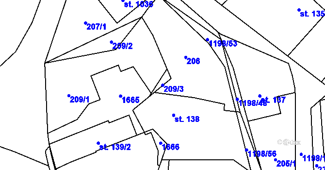 Parcela st. 209/3 v KÚ Mořkov, Katastrální mapa