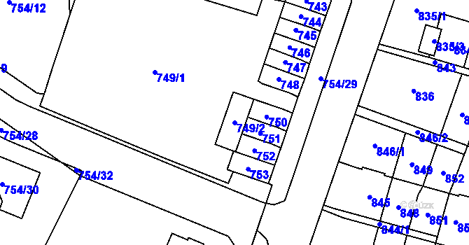 Parcela st. 749/2 v KÚ Most II, Katastrální mapa