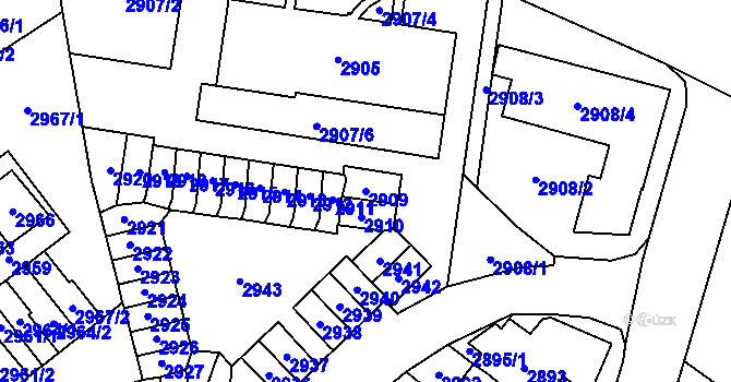 Parcela st. 2909 v KÚ Most II, Katastrální mapa