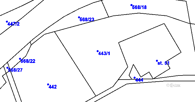 Parcela st. 443/1 v KÚ Debrné u Mostku, Katastrální mapa