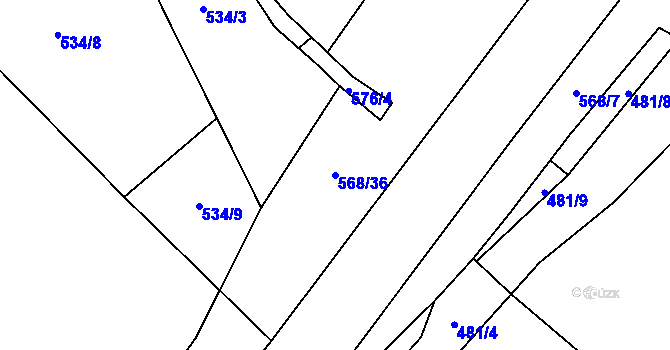 Parcela st. 568/36 v KÚ Debrné u Mostku, Katastrální mapa