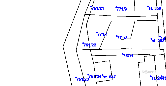 Parcela st. 751/22 v KÚ Mostek, Katastrální mapa