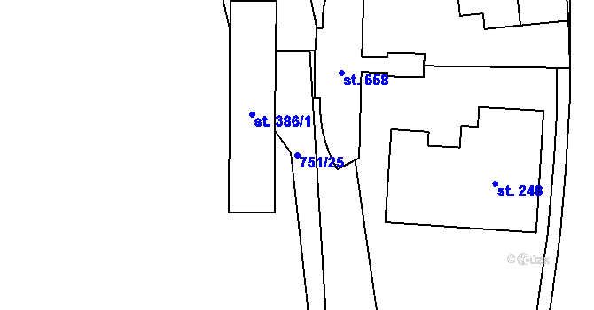 Parcela st. 751/25 v KÚ Mostek, Katastrální mapa