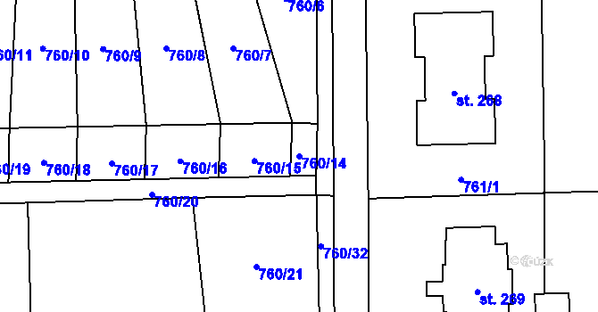 Parcela st. 760/14 v KÚ Mostek, Katastrální mapa