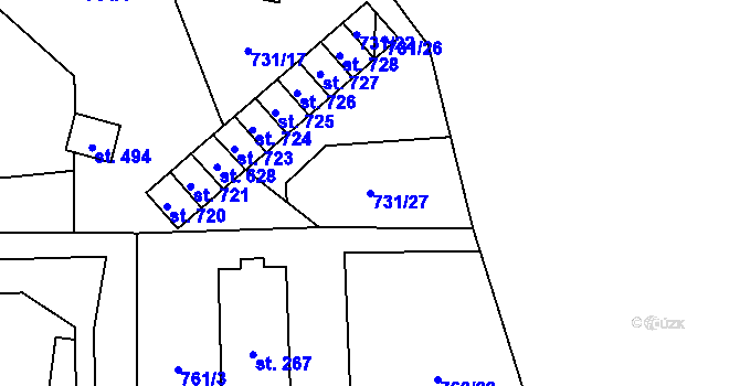 Parcela st. 731/27 v KÚ Mostek, Katastrální mapa