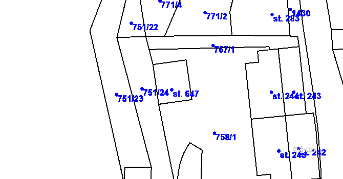 Parcela st. 647 v KÚ Mostek, Katastrální mapa