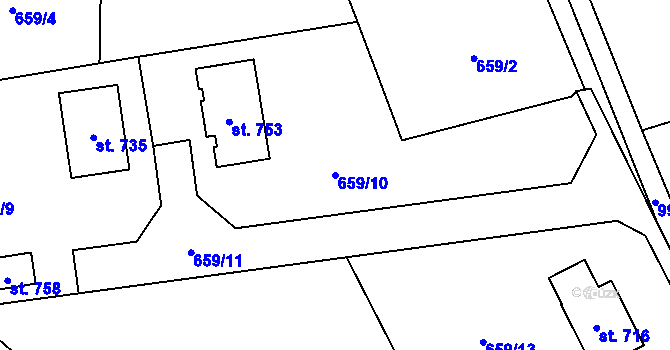 Parcela st. 659/10 v KÚ Mostek, Katastrální mapa