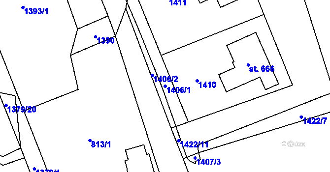 Parcela st. 1406/1 v KÚ Mostek, Katastrální mapa