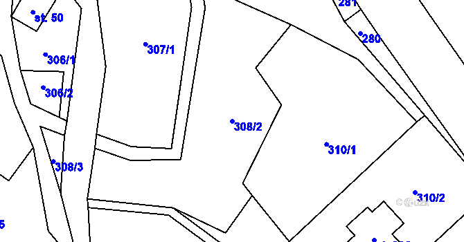 Parcela st. 308/2 v KÚ Souvrať, Katastrální mapa