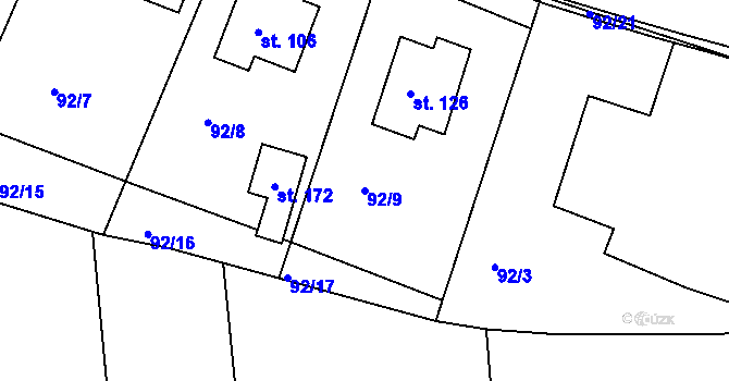 Parcela st. 92/9 v KÚ Mostek nad Orlicí, Katastrální mapa