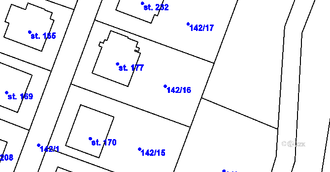 Parcela st. 142/16 v KÚ Mostiště u Velkého Meziříčí, Katastrální mapa
