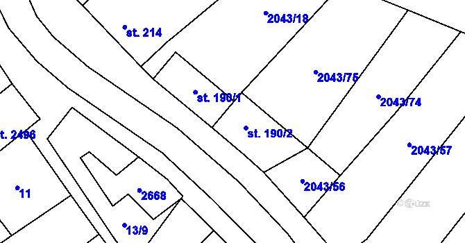 Parcela st. 190/2 v KÚ Mouřínov, Katastrální mapa