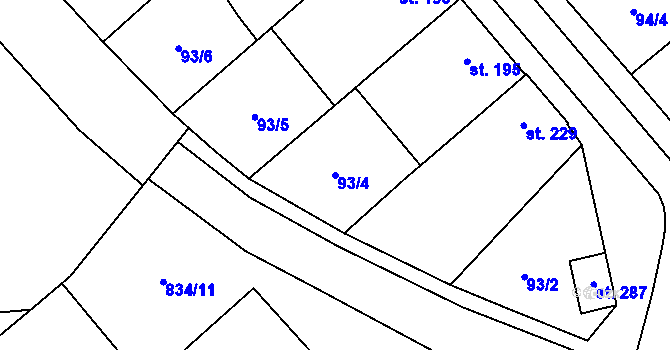 Parcela st. 93/4 v KÚ Mouřínov, Katastrální mapa