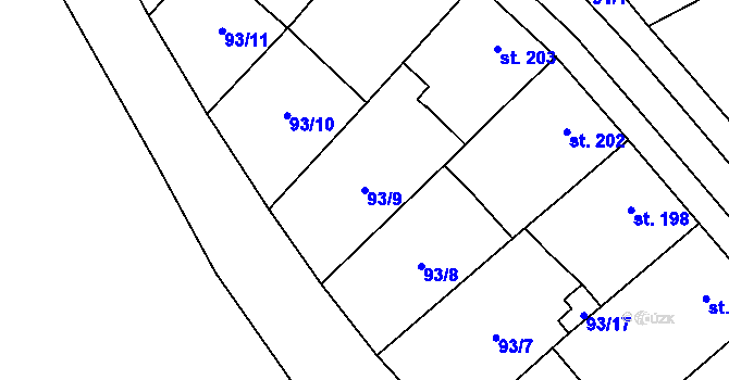 Parcela st. 93/9 v KÚ Mouřínov, Katastrální mapa