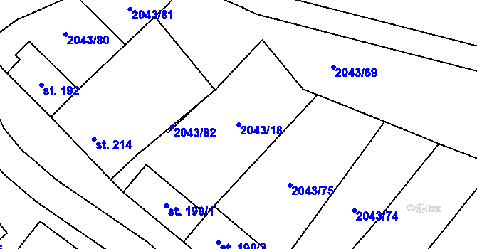 Parcela st. 2043/18 v KÚ Mouřínov, Katastrální mapa