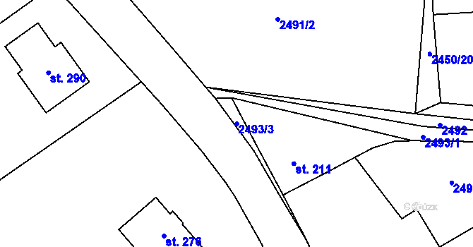Parcela st. 2493/3 v KÚ Mouřínov, Katastrální mapa