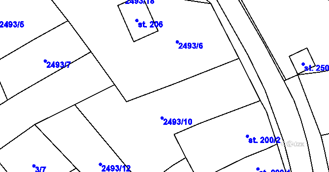 Parcela st. 2493/10 v KÚ Mouřínov, Katastrální mapa