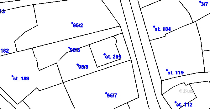 Parcela st. 286 v KÚ Mouřínov, Katastrální mapa