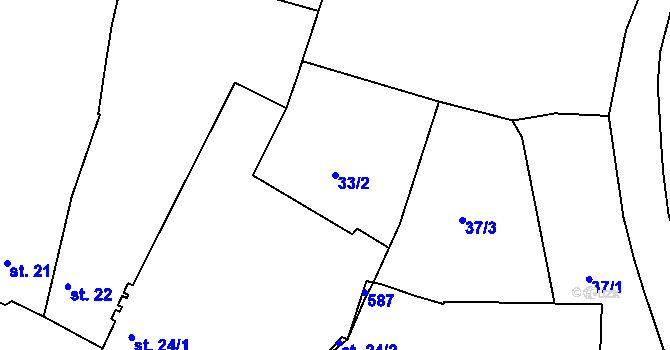 Parcela st. 33/2 v KÚ Mradice, Katastrální mapa