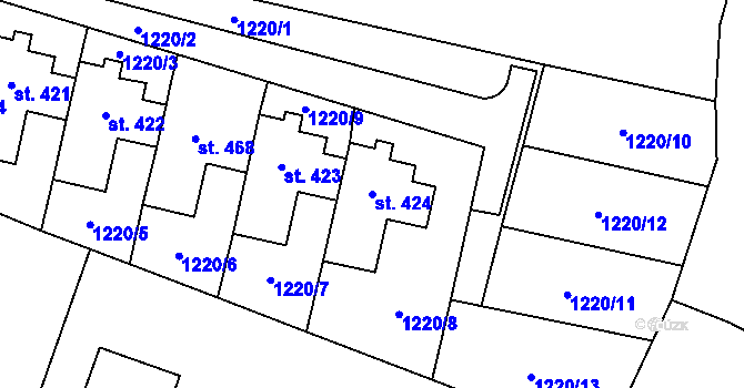 Parcela st. 424 v KÚ Mrákotín u Telče, Katastrální mapa