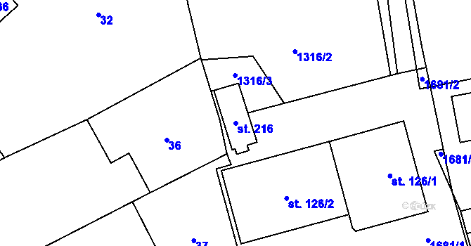 Parcela st. 216 v KÚ Mrákov, Katastrální mapa