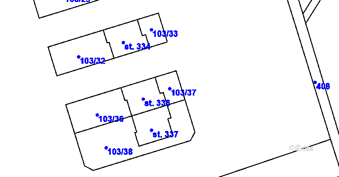 Parcela st. 103/37 v KÚ Mramotice, Katastrální mapa