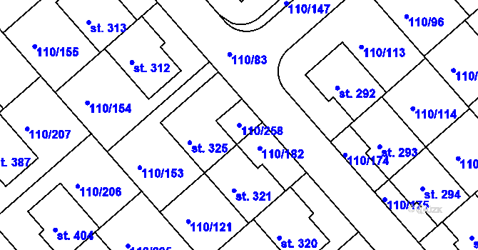 Parcela st. 110/258 v KÚ Mratín, Katastrální mapa