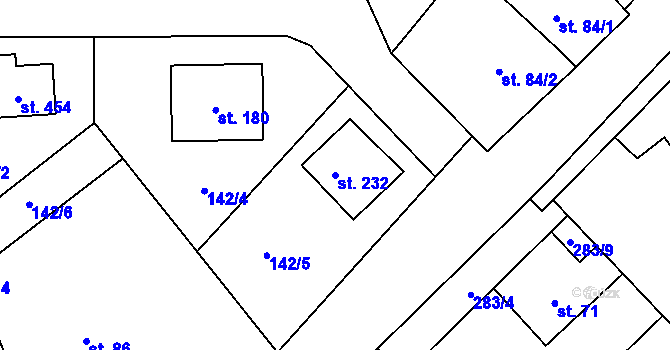 Parcela st. 232 v KÚ Mratín, Katastrální mapa