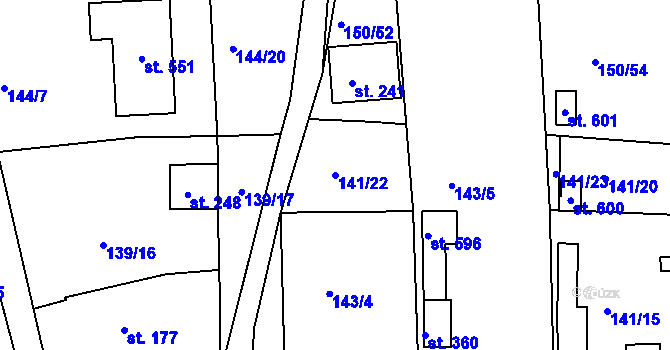 Parcela st. 141/22 v KÚ Mratín, Katastrální mapa
