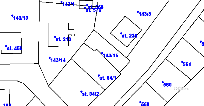 Parcela st. 143/15 v KÚ Mratín, Katastrální mapa