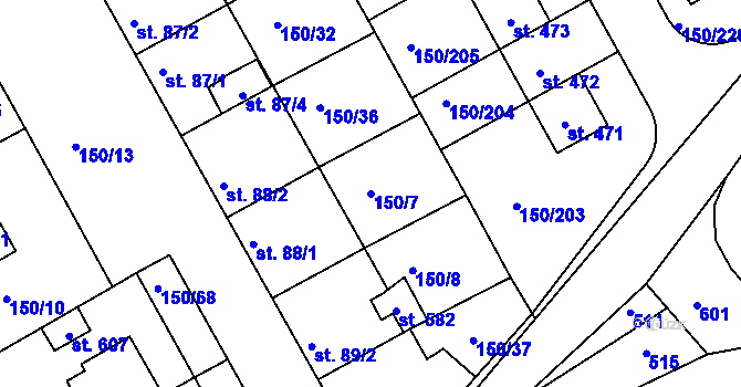 Parcela st. 150/7 v KÚ Mratín, Katastrální mapa