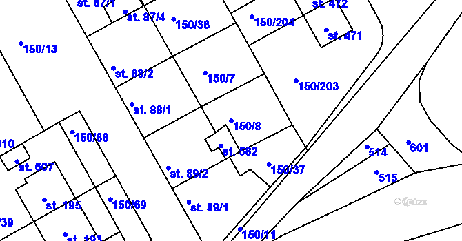 Parcela st. 150/8 v KÚ Mratín, Katastrální mapa