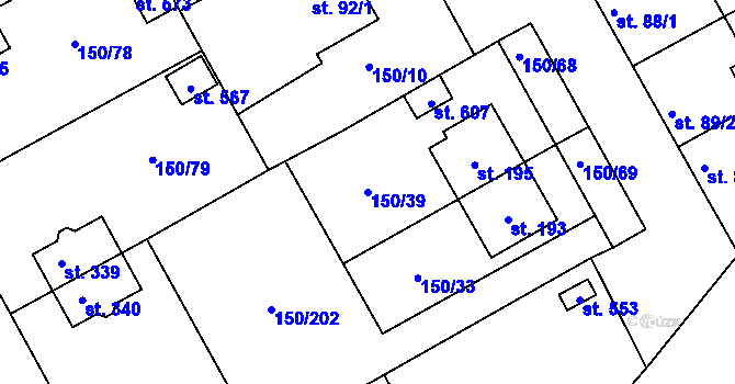 Parcela st. 150/39 v KÚ Mratín, Katastrální mapa