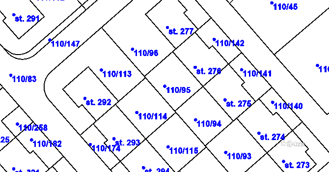 Parcela st. 110/95 v KÚ Mratín, Katastrální mapa