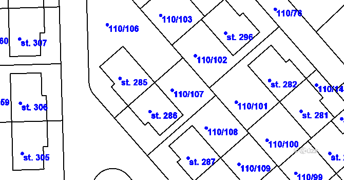 Parcela st. 110/107 v KÚ Mratín, Katastrální mapa