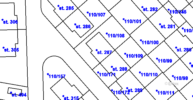 Parcela st. 287 v KÚ Mratín, Katastrální mapa