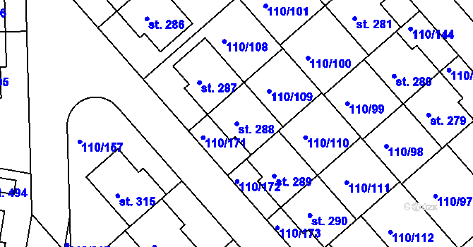 Parcela st. 288 v KÚ Mratín, Katastrální mapa