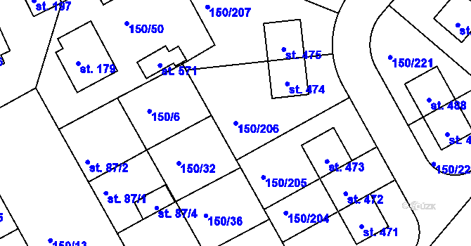 Parcela st. 150/206 v KÚ Mratín, Katastrální mapa