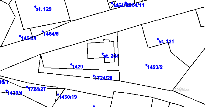 Parcela st. 204 v KÚ Mrlínek, Katastrální mapa