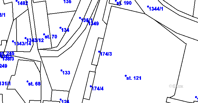 Parcela st. 174/3 v KÚ Mšené-lázně, Katastrální mapa
