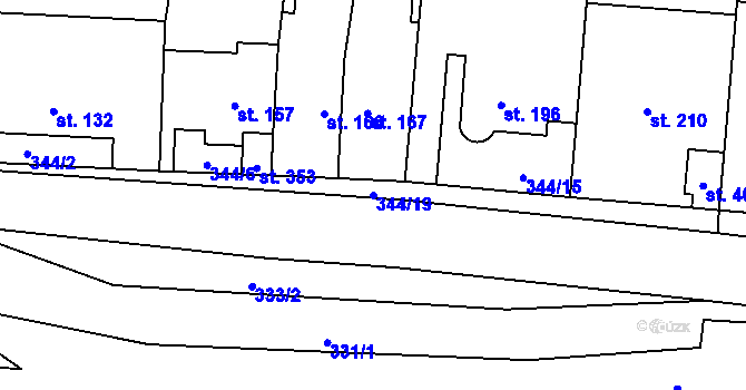 Parcela st. 344/19 v KÚ Mšené-lázně, Katastrální mapa