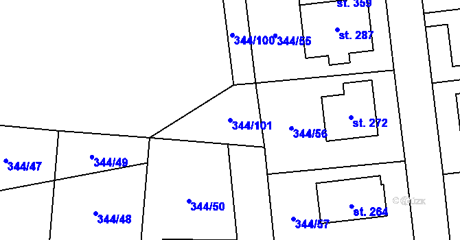 Parcela st. 344/101 v KÚ Mšené-lázně, Katastrální mapa