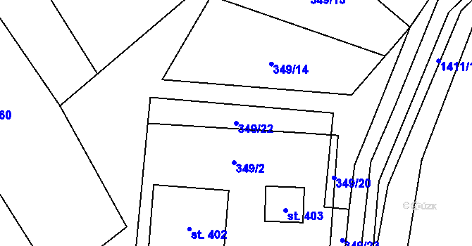 Parcela st. 349/22 v KÚ Mšené-lázně, Katastrální mapa